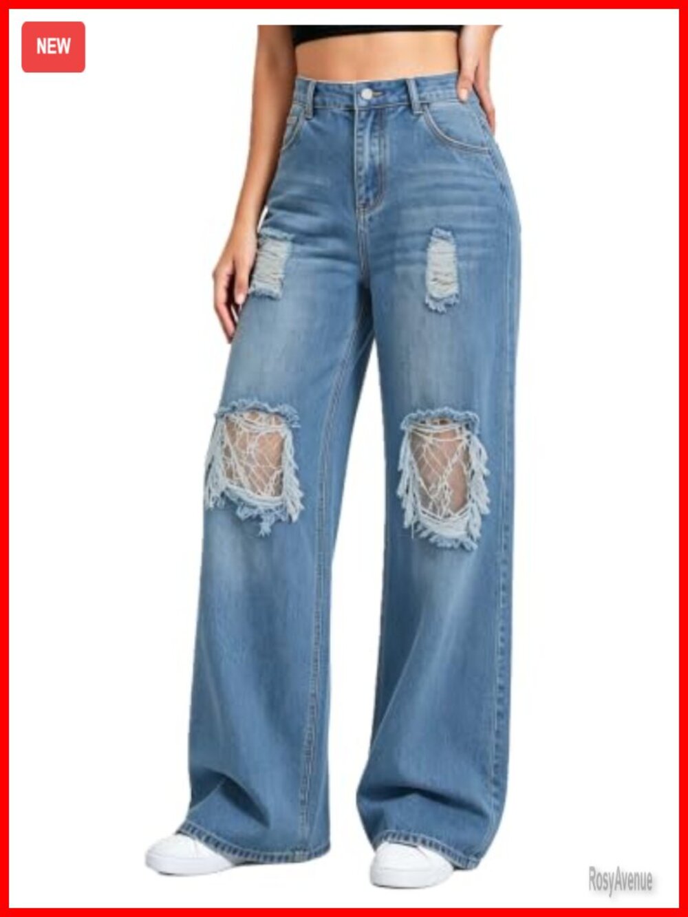 Womens Mid Rise Wide Leg Ripped Distressed Denim Jeans